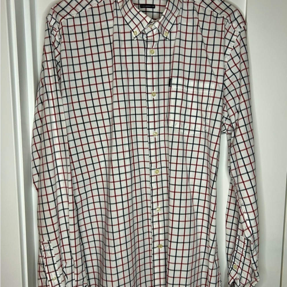 Barbour Henry Tailored Fit Button Down Shirt White Red Blue Plaid L